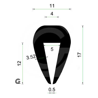 Rubber U Profiel | binnenmaat 5 mm | hoogte 17 mm | dikte 3,52 mm | Per Meter